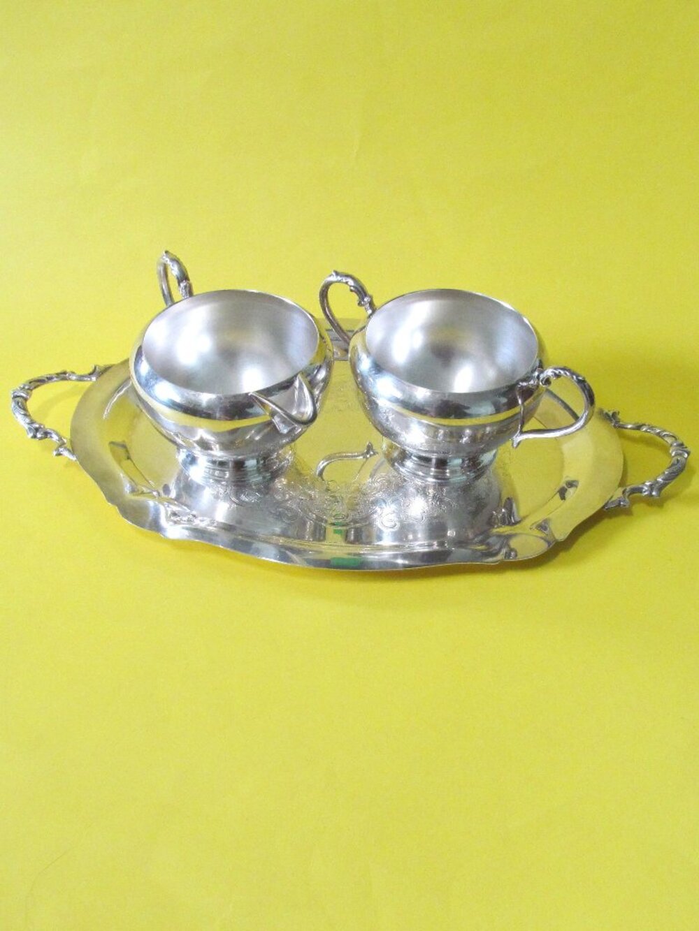 Vintage silver plate cream and sugar set with tray